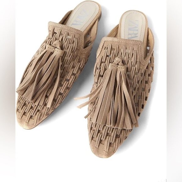NWT  Zara Women Flat braided leather mules with tassels, Sz 36 - Picture 2 of 16